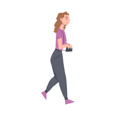 Walking Woman Character Taking Steps Forward Side View Vector Illustration