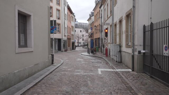 Walking in the empty streets of Luxembourg City during coronavirus lockdown. No people in the capital of Luxembourg. POV
