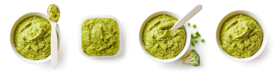 Green peas and broccoli baby puree isolated on white, from above