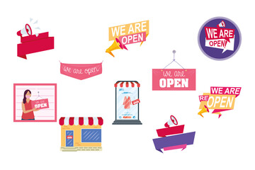 bundle of ten reopening labels campaign set icons