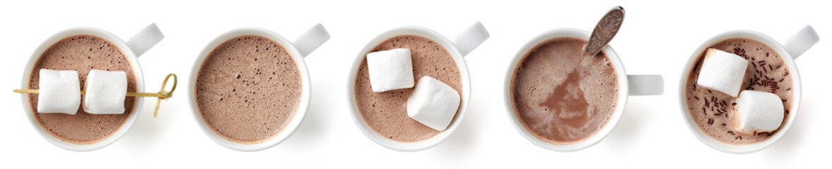 Cocoa drink in white mug isolated on white, from above