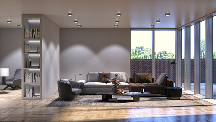Large luxury modern minimal bright interiors room mockup illustration 3D rendering