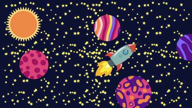 Cartoon Space. Cartoon rocket flies in outer space past the suspended planets, satellites and other objects. Flat loopback animation.