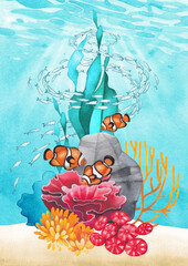 Underwater scene with hand painted watercolor coral reef