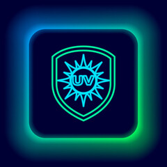 Glowing neon line UV protection icon isolated on black background. Ultra violet rays radiation. SPF sun sign. Colorful outline concept. Vector.