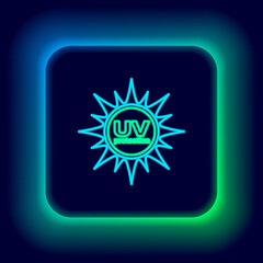 Glowing neon line Laptop protected with shield icon isolated on black background. PC security, firewall technology, privacy safety. Colorful outline concept. Vector.