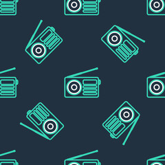 Line Radio with antenna icon isolated seamless pattern on black background. Vector.