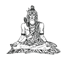 God Shiva. Shiva sits on a tiger's skin, in a cape, decorated with a rudraksha rosary, with a snake around his neck. Hand-drawn. Sketch, vector, on a white background. For design, prints, posters.
