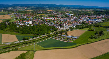 Aerial view of the city Bogen in Bayern in Germany, Bavaria on a sunny in spring	