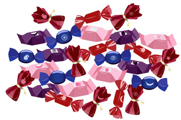 Blue, pink, purple and red candies. A task for children to find two identical pieces