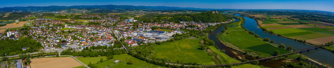 Fototapeta na wymiar Aerial view of the city Bogen in Bayern in Germany, Bavaria on a sunny in spring 