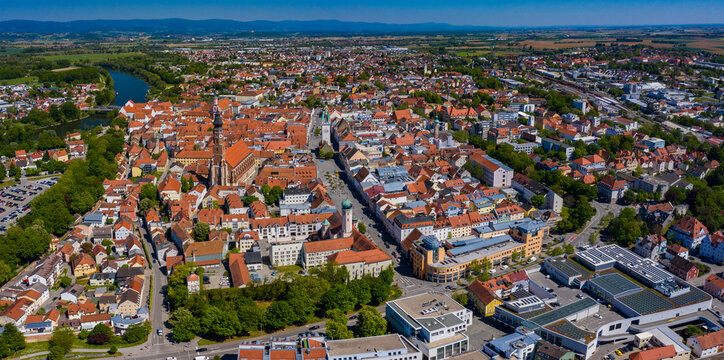 Aerial view of the city Straubing in Germany, Bavaria on a sunny spring day	