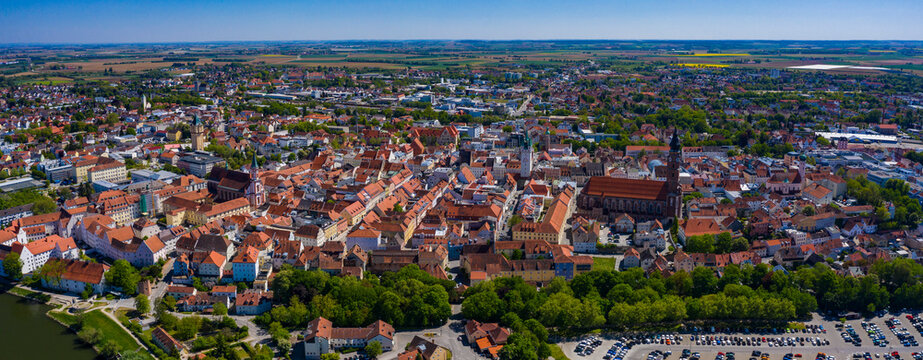 Aerial view of the city Straubing in Germany, Bavaria on a sunny spring day	