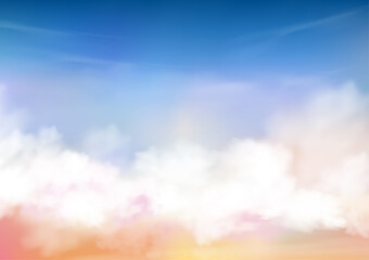 Colour Sky with white clouds and sun shining, Vector mesh of nature Pink, Yellow, Blue and Orang sky in Summer or spring,Horizon Sunset or sunrise  and fluffy cloud in morning
