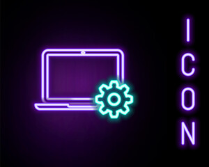 Glowing neon line Laptop and gear icon isolated on black background. Adjusting, service, setting, maintenance, repair, fixing. Colorful outline concept. Vector.