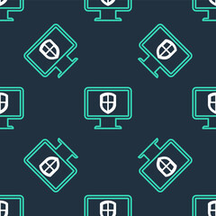 Line Monitor and shield icon isolated seamless pattern on black background. Computer security, firewall technology, internet privacy safety or antivirus. Vector.
