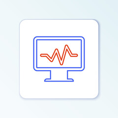 Line Computer monitor with cardiogram icon isolated on white background. Monitoring icon. ECG monitor with heart beat hand drawn. Colorful outline concept. Vector.