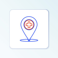 Line Medical map pointer with cross hospital icon isolated on white background. Colorful outline concept. Vector.
