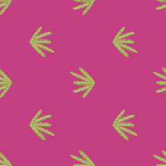 Bright seamless pattern in minimalistic style with green foliage silhouettes. Pink background.