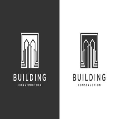 Building logo design with negative space box shape concept with modern line art style, Premium Vector.