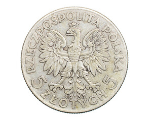 five Polish zloty coin on a white isolated background
