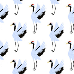 Zoo seamless isolated doodle pattern with blue colored cute crane bird ornament. White background.