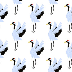 Zoo seamless isolated doodle pattern with blue colored cute crane bird ornament. White background.