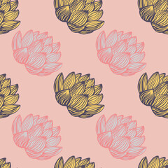 Floral doodle seamless pattern with contoured lotus flowers shapes. Pink pastel palette artwork. Botanic print.