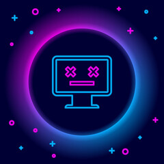 Glowing neon line Dead monitor icon isolated on black background. 404 error like pc with dead emoji. Fatal error in pc system. Colorful outline concept. Vector.