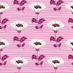Fototapeta premium Vintage seamless pattern with white doodle folk flowers ornament. Pink striped background.