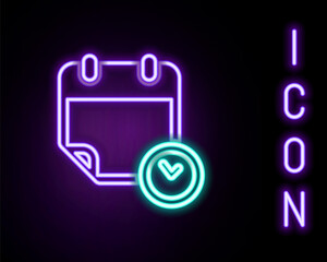 Glowing neon line Calendar and clock icon isolated on black background. Schedule, appointment, organizer, timesheet, time management, important date. Colorful outline concept. Vector.