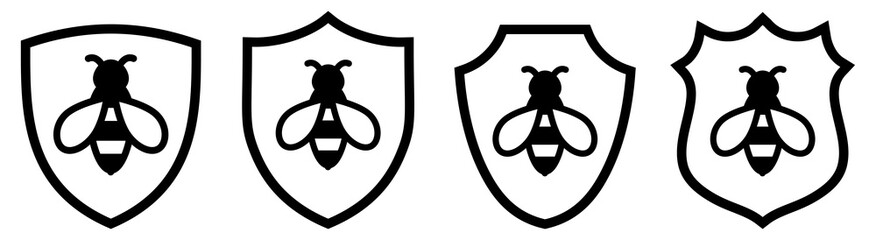 Bee icon inside shield, different versions. Protection from insect concept © Lubo Ivanko