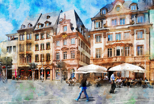 Watercolor painting of Market squard in Mainz. Germany.