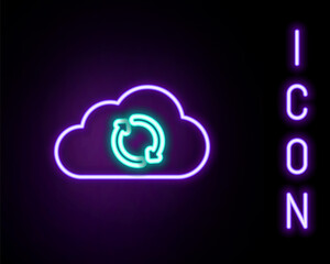 Glowing neon line Cloud sync refresh icon isolated on black background. Cloud and arrows. Colorful outline concept. Vector.