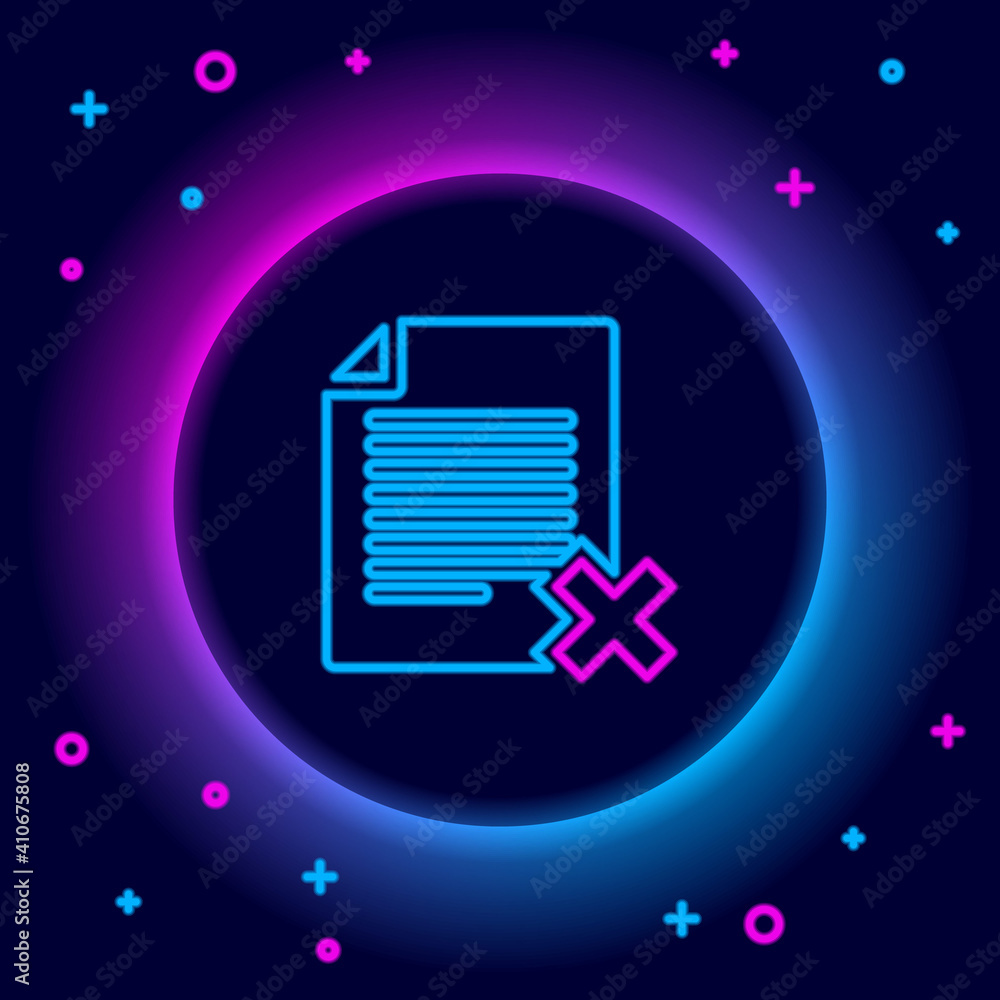 Poster glowing neon line delete file document icon isolated on black background. rejected document icon. cr