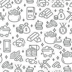 Seamless pattern with gold. Black and white thin line icons