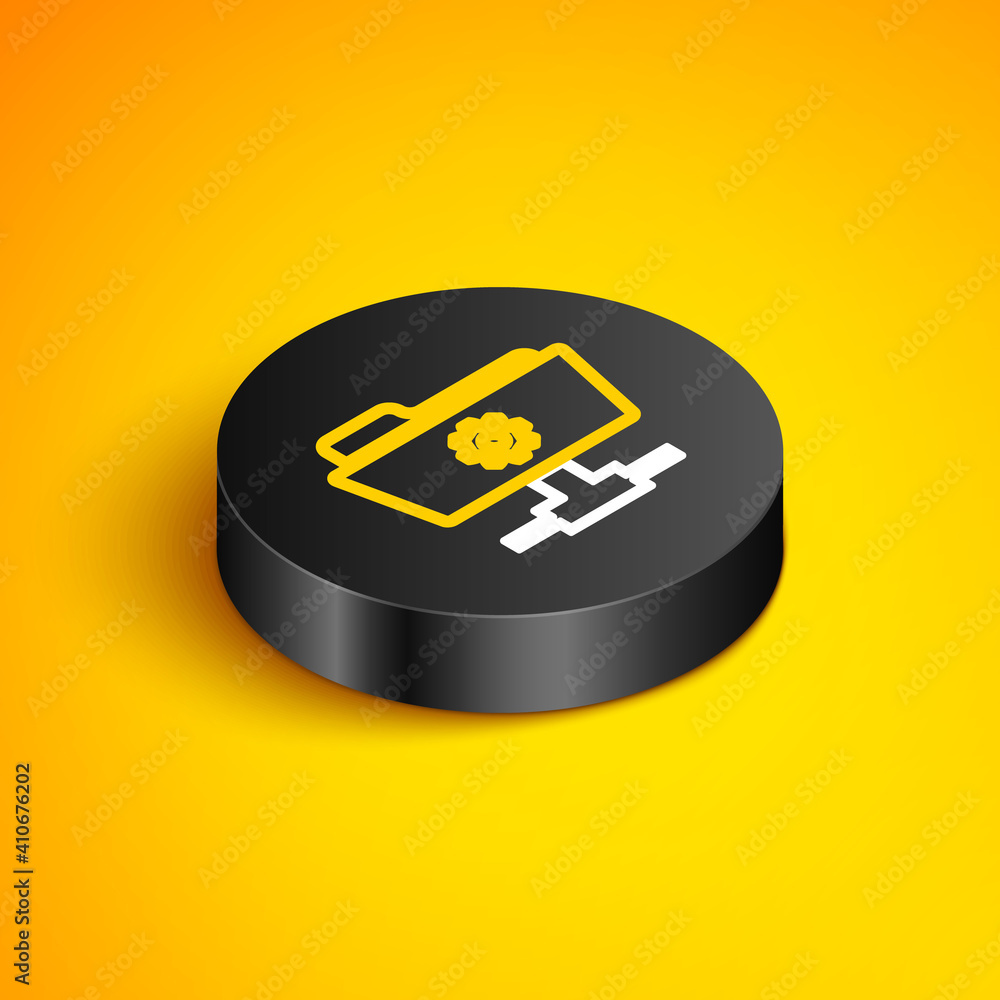 Poster isometric line ftp settings folder icon isolated on yellow background. software update, transfer pro