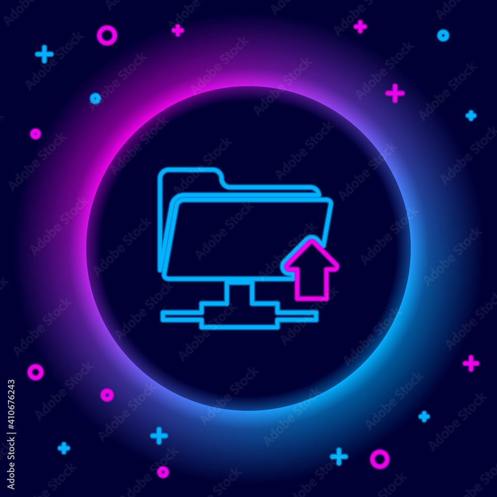Poster glowing neon line ftp folder upload icon isolated on black background. software update, transfer pro