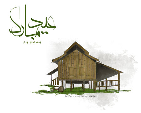 Arabic calligraphy "Eid Mubarak" greeting means "blessed celebration"  illustration with hand sketch of traditional malay village house. Minimalist greetings concept.