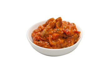 Vegetable stew in a bowl isolated on white background.