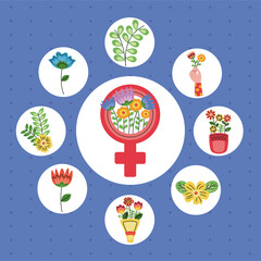 bundle of womens day set icons around of female gender