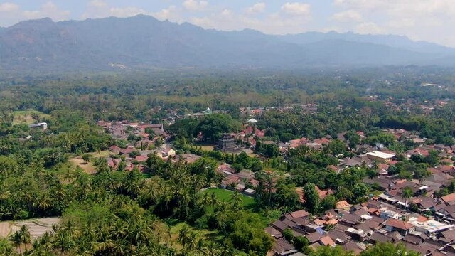 Panoramic aerial view on Mendut temple and Menireh temple on Java, Indonesia
