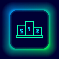 Glowing neon line Award over sports winner podium icon isolated on black background. Colorful outline concept. Vector.