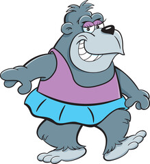 Cartoon illustration of a happy gorilla wearing a ballet tutu while dancing.