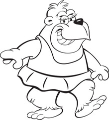 Black and white illustration of a happy gorilla wearing a ballet tutu while dancing.