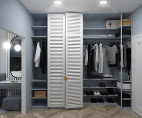 Master bedroom walk-in closet design ideas, 3d rendering - 410677881