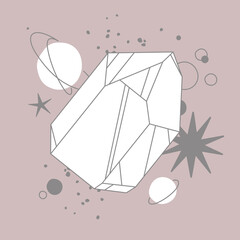 Crystal vector illustration with mosaic texture. Abstract modern geometric objects with diamond shaped, crystals, precious stones, stars, planets. Alchemy esoteric mystical magic celestial talisman
