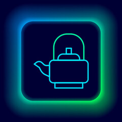 Glowing neon line Kettle with handle icon isolated on black background. Teapot icon. Colorful outline concept. Vector.
