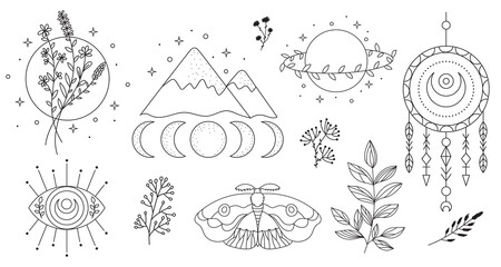 Vector hand drawn boho elements with cute moth, moon, wreath, branches, dream catcher