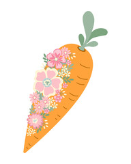 Easter carrots decorated with flowers. Isolate on a white background. Vector illustration. Scalable to any size. For fabric, covers, posters, prints, notebooks, stickers, scrapbooking, wrapping paper